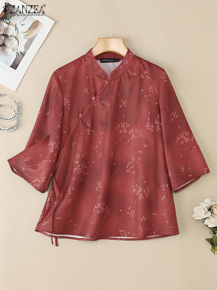 2025ZANZEA Vintage Shirts Herfst Zomer Blouse Vrouwen Half Mouw Bloemen Tops Elegante Stand Hals Werk Shirt Knoppen Blusas Femme