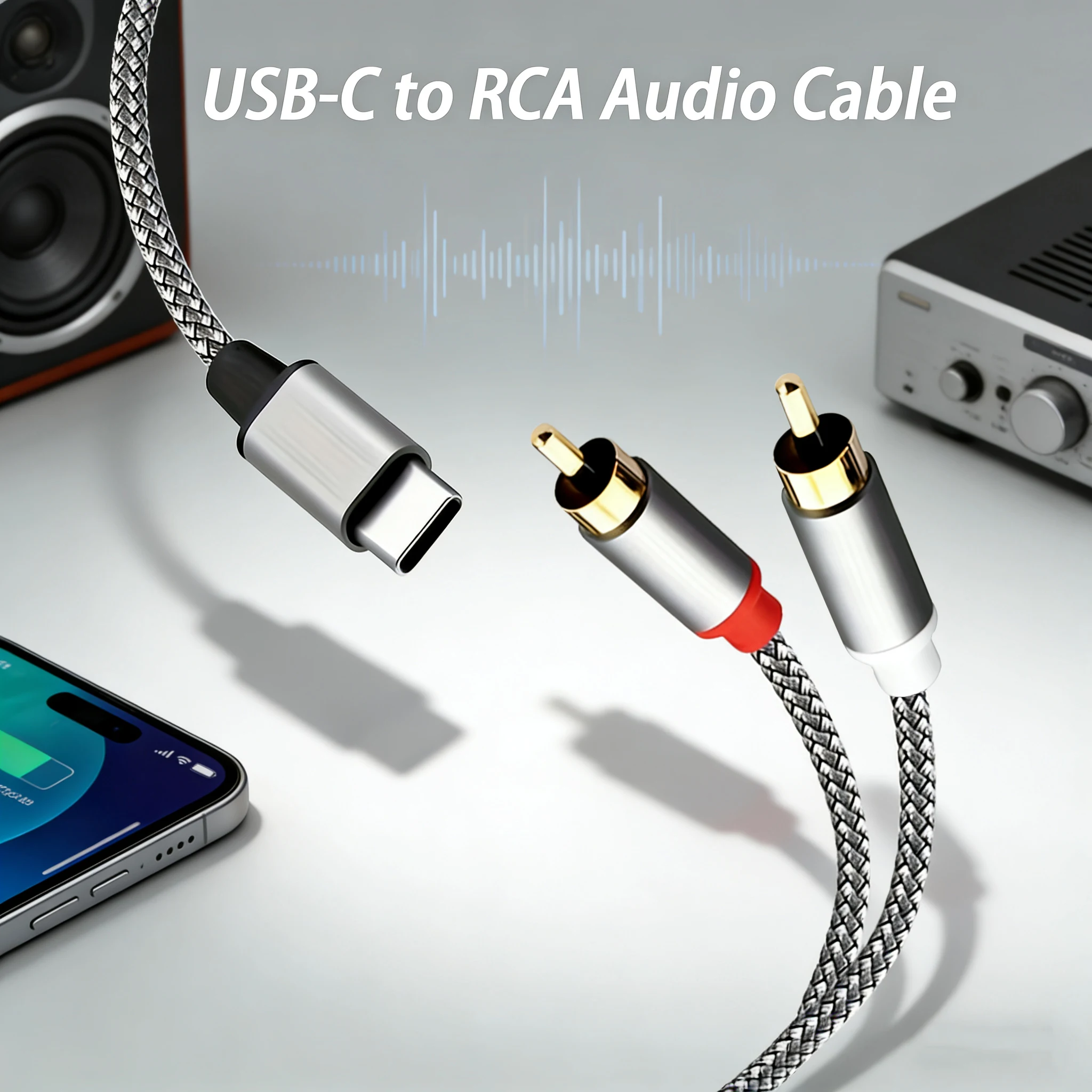 Cabo de Áudio Tipo-C para 2 RCA Macho Y-Splitter com Chip Digital, Compatível com Pixel 3/2, MacBook, Pad Pro 2018 e Moto Z
