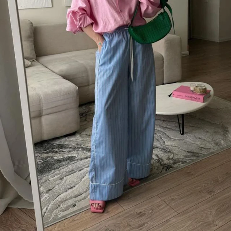 

Vintage Striped Print Loose Fit Trousers Chic Fashion Elegant Wide Leg Pants Women Casual High Waist Lounge Pants Streetwear