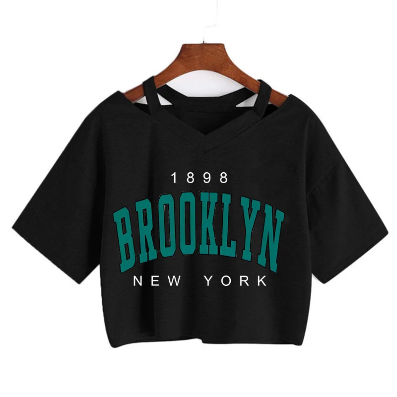 Brooklyn Strawberry Cherry Crop Top Casual T-Shirts Gothic Tee Shirt 90s Cropped Tshirt Women Summer Tops Streetwear Clothes