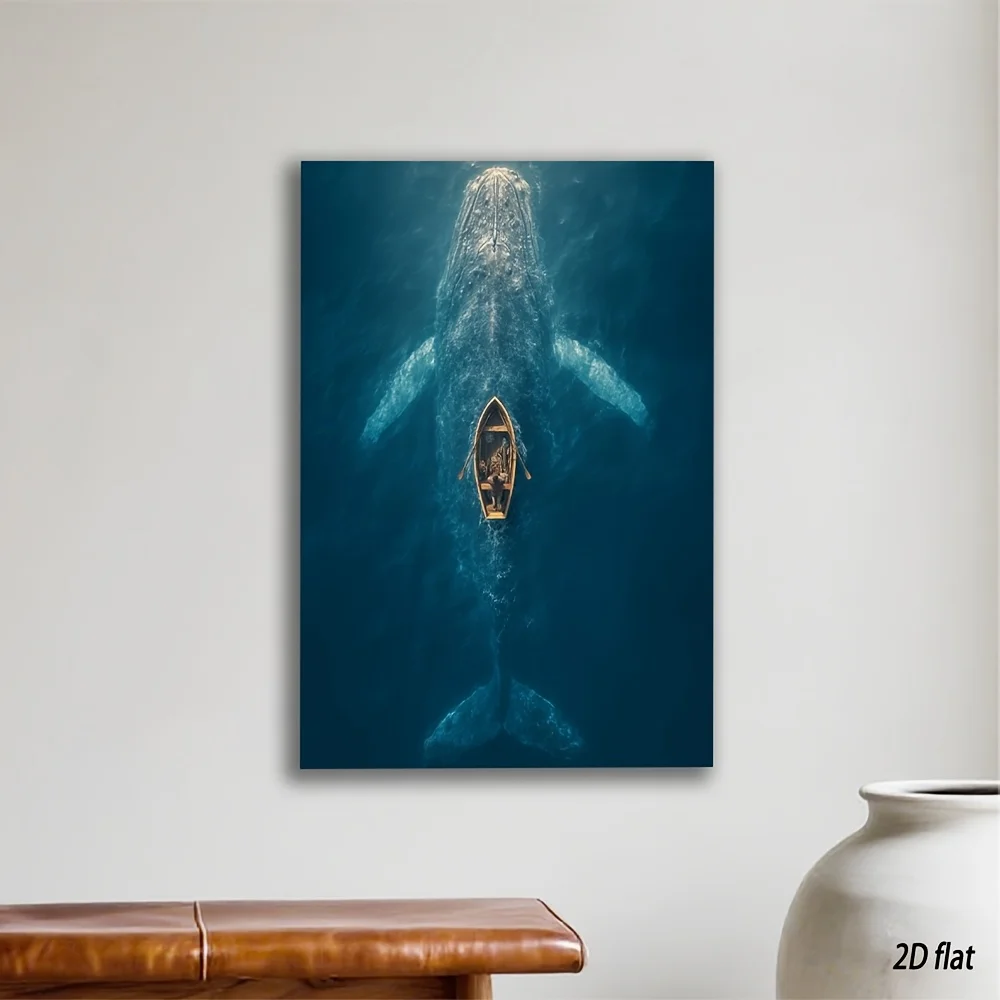 Wandkunst auf Leinwand mit Wal- und Schiffs-Ozeanlandschaft – modernes rahmenloses Gemälde mit Wal und Schiff, Poster für Wohnzimmer, Schlafzimmer, O