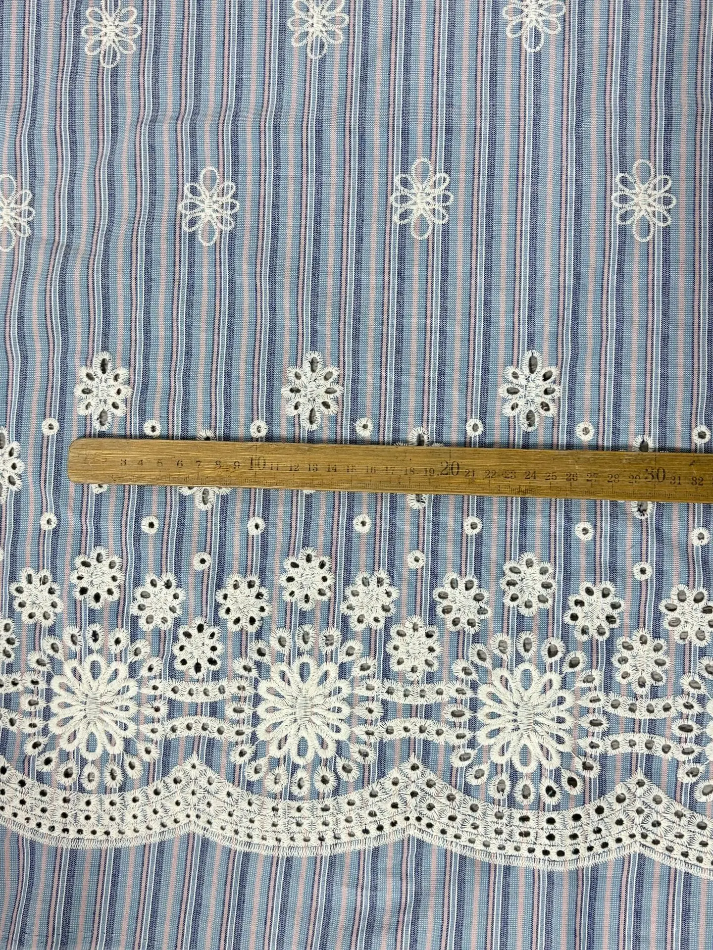 Sewing Eyelet Fabric - Tessuto ricamato a righe blu con