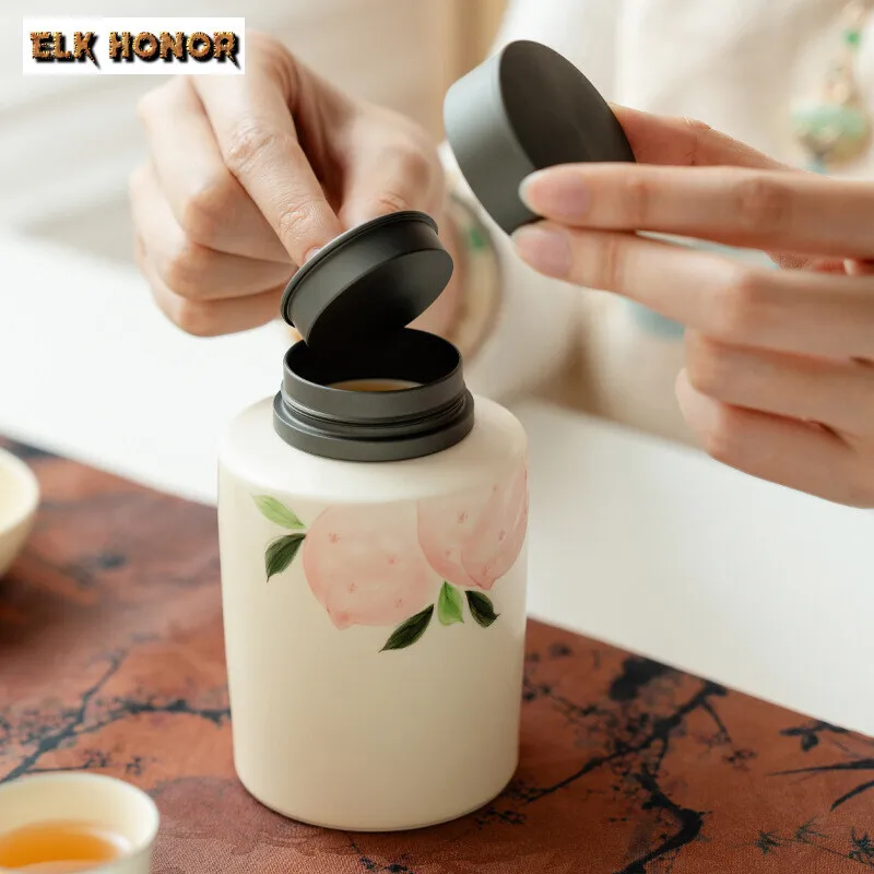 Pure Hand-painted Longevity Peach Ceramic Tea Jar Powder Yin Straight Body Moisture-proof Tea Storage Sealed Box Hermetic Pots