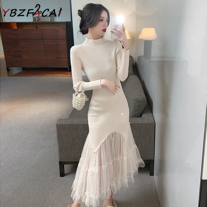 

2023 Fall Winter Dress Women Half Turtleneck Long Sleeve Knitted Mesh Fishtail Dress Elegant Beige Slim Bottoming Sweater Dress