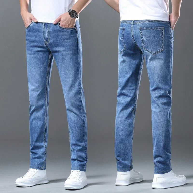 2024 Summer Men's Thin Blue Slim Fit Jeans Classic Style Business Straight Elastic Denim Pants