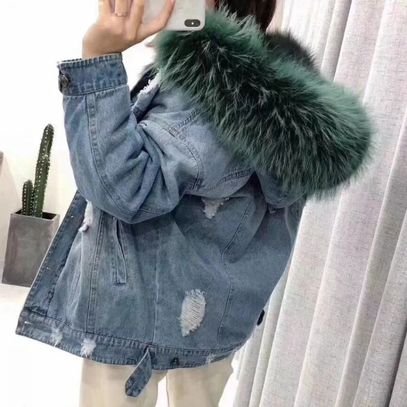 Parka Women\'s Mid-Length Denim Shell Fox Liner Fur Coat for Women100%Genuine fur street cowboy