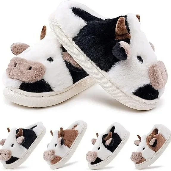 Winter children's cow cotton shoes coffee color men and women plush home cartoon cute small children cotton EVA slippers