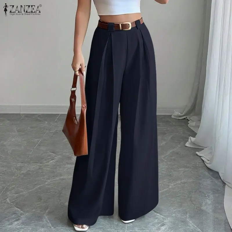 2023 ZANZEA Frauen Hosen Herbst Hohe Taille Solide Plissee Palazzo Elegante Breite Bein Pantalon Stilvolle Büro OL Hosen Streetwear