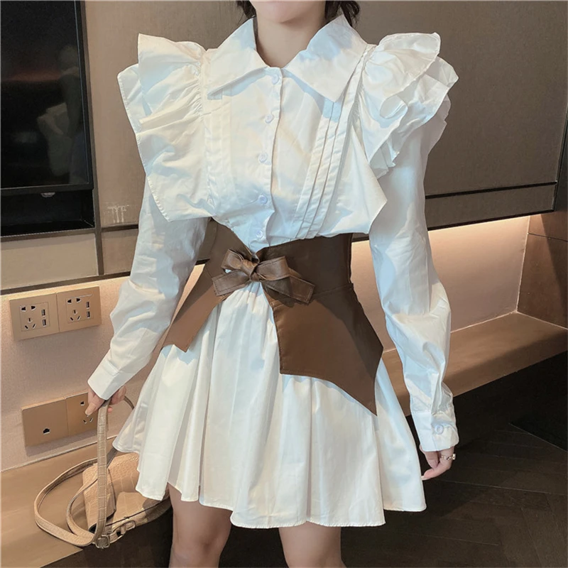 French Vintage Ruffled Folds Long Sleeve Short Shirt Dress Female with Leather Girdle 2pcs Set Loose Fashion Women Clothing