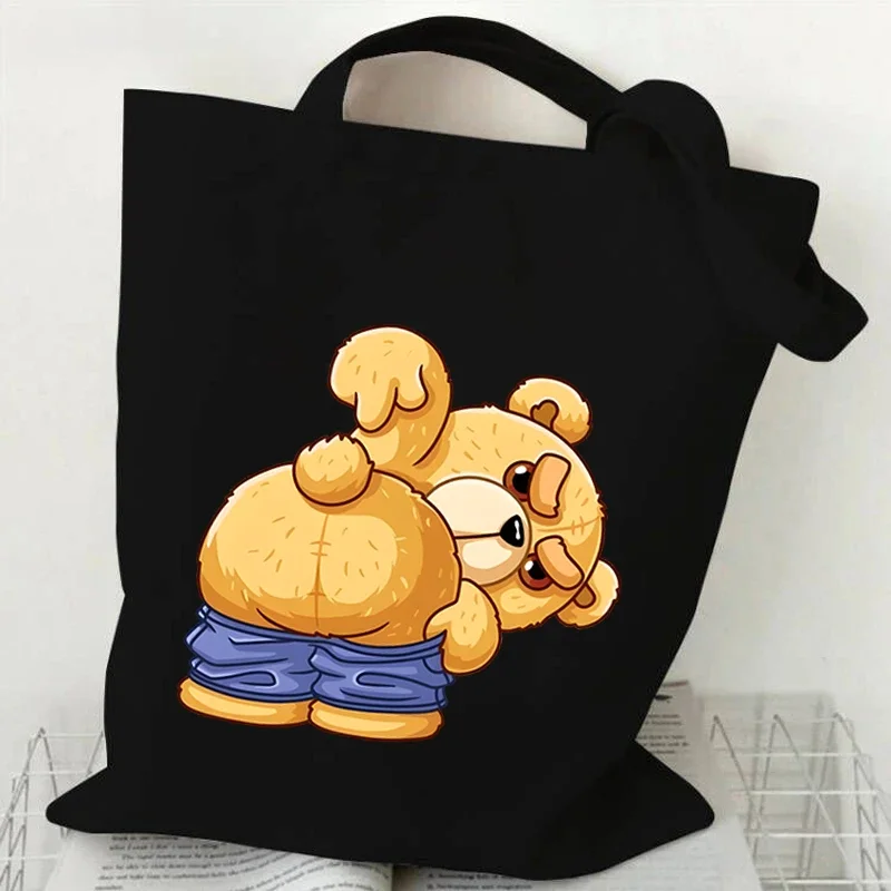 Women Canvas Tote Bag Teddy Bear Butt Print Shoulder Bag Funny Reusable Shopping Bags Teen Cartoon Bag Harajuku Female Handbags