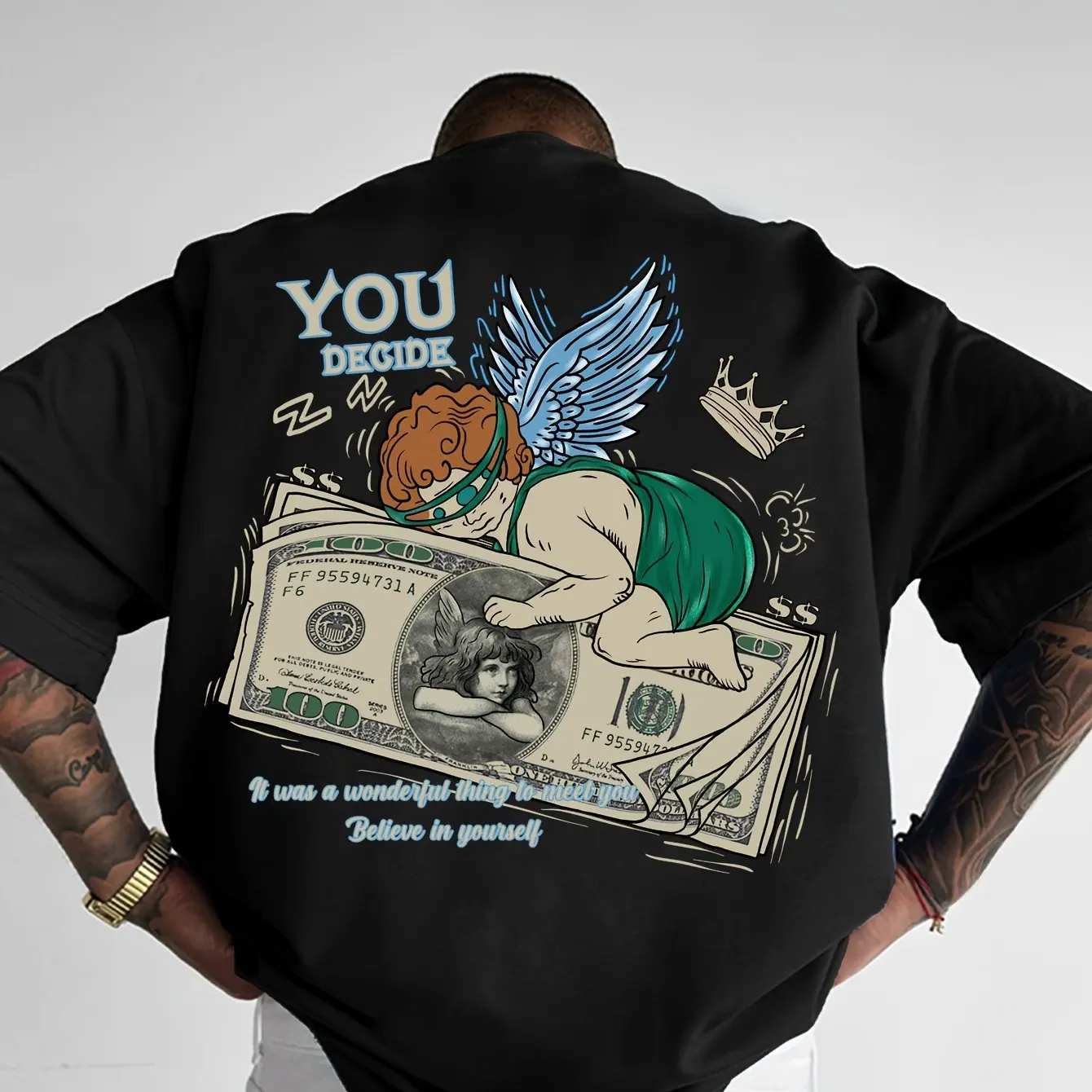 Men's Casual T-shirt with Money Angel Pattern Printed on It Is Breathable and The Perfect Choice for Home and Outdoor Sports