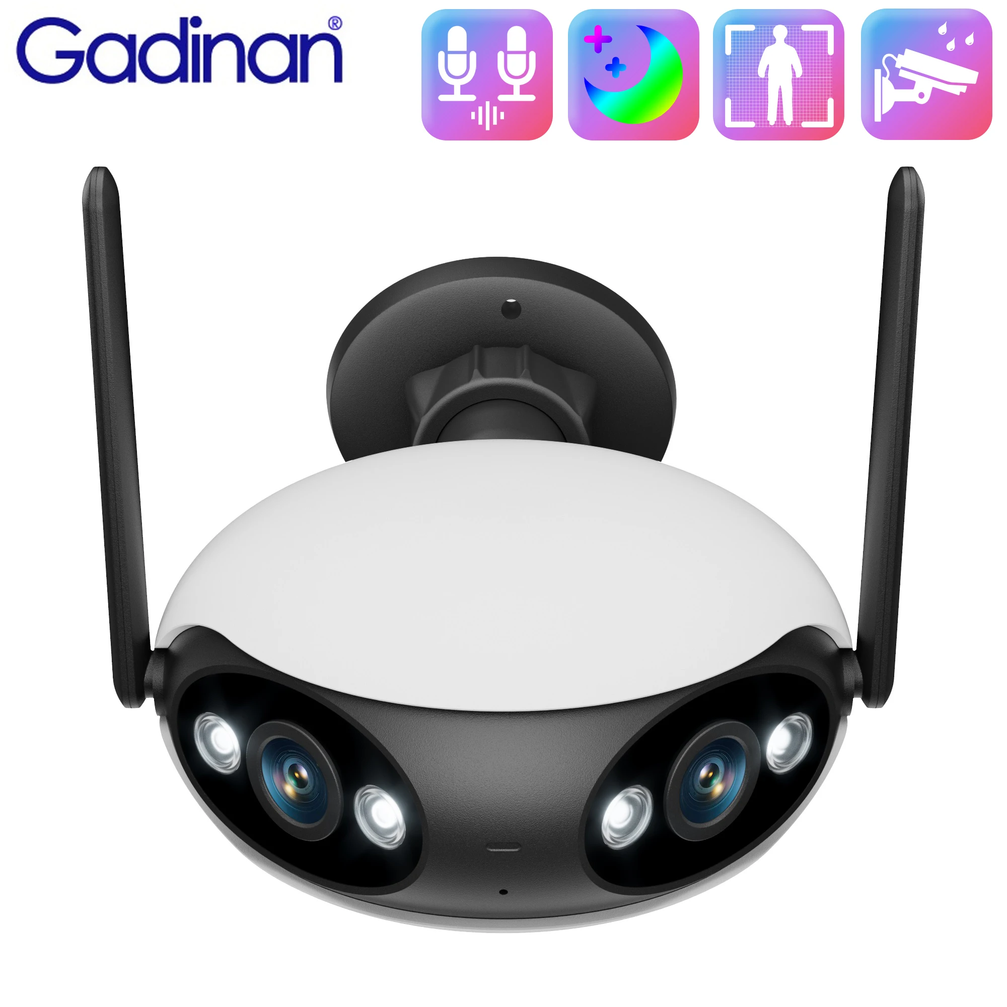 Gadinan-Caméra de surveillance extérieure PTZ IP WiFi HD 4MP/180 °, dispositif de sécurité sans fil, avec n'aime x4, audio bidirectionnel et lentille touriste, iCSee