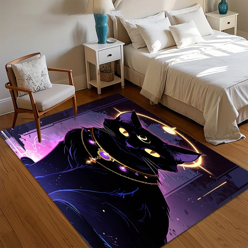 1pc Mystic Black Cat Rug Celestial Moon Pattern Non Slip Floor Mat for Living Room Bedroom Gothic Home Decor Carpet