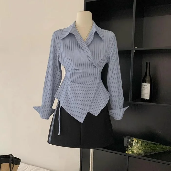 

Slimming Stripe irt Women's Long Sve Casual Faionable Uneven Waist Design Spring Autumn New Sle Chinese Brandl