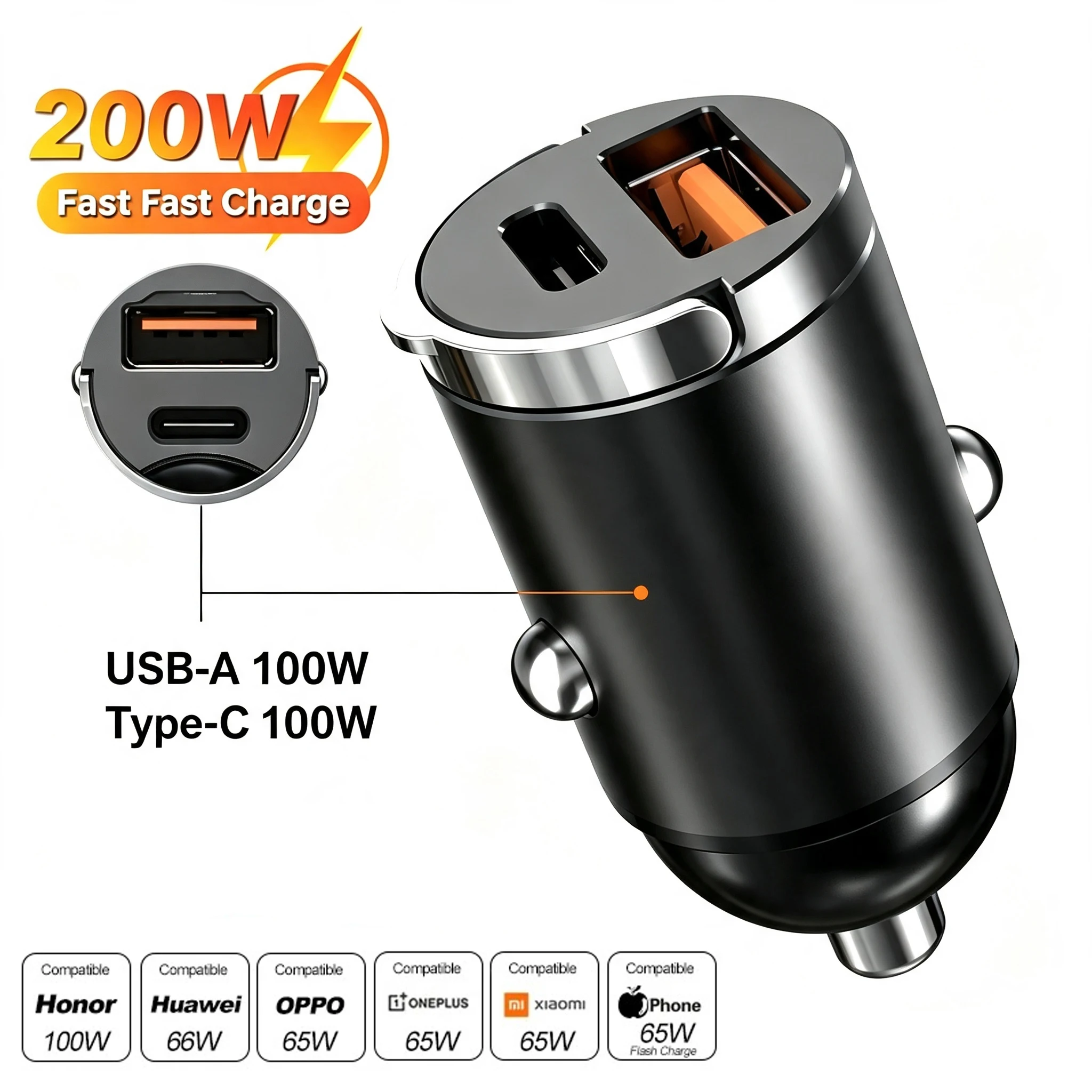 100W/200W Mini Car Charger QC3.0 PD 12V-24V Fast Charging Car USB Type C Charger for Xiaomi Samsung Huawei Iphone Power Supply