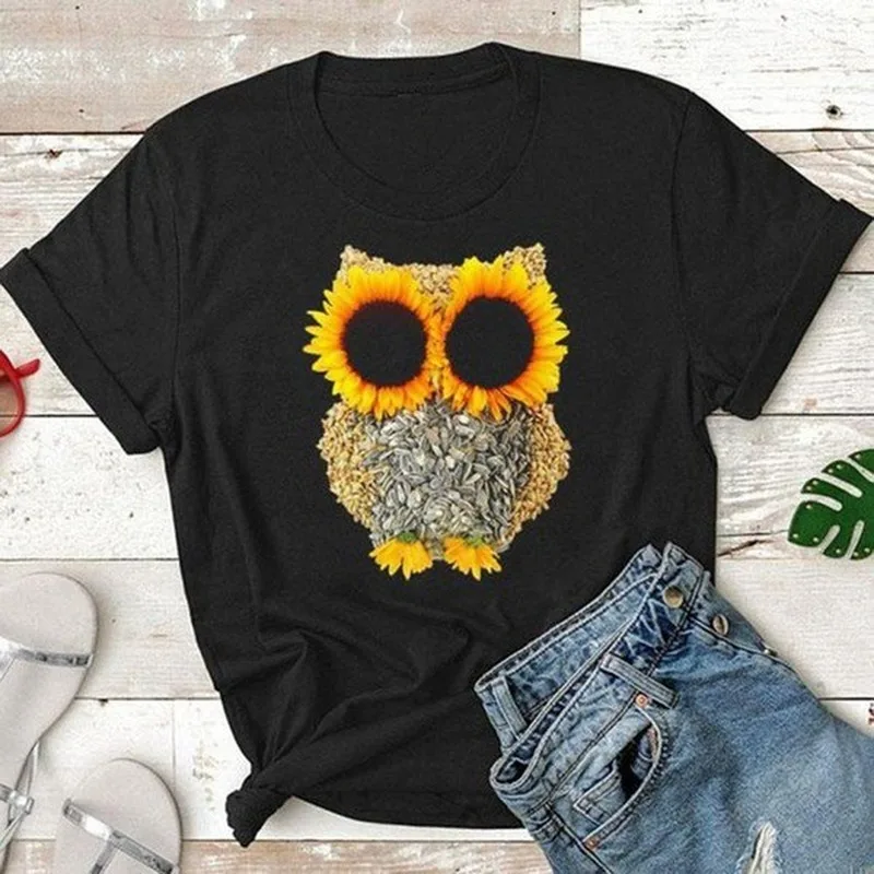 Sunflower Eyes Owl Print T Shirt Women Short Sleeve O Neck Loose Tshirt Summer Women Tee Shirt Tops Camisetas Mujer