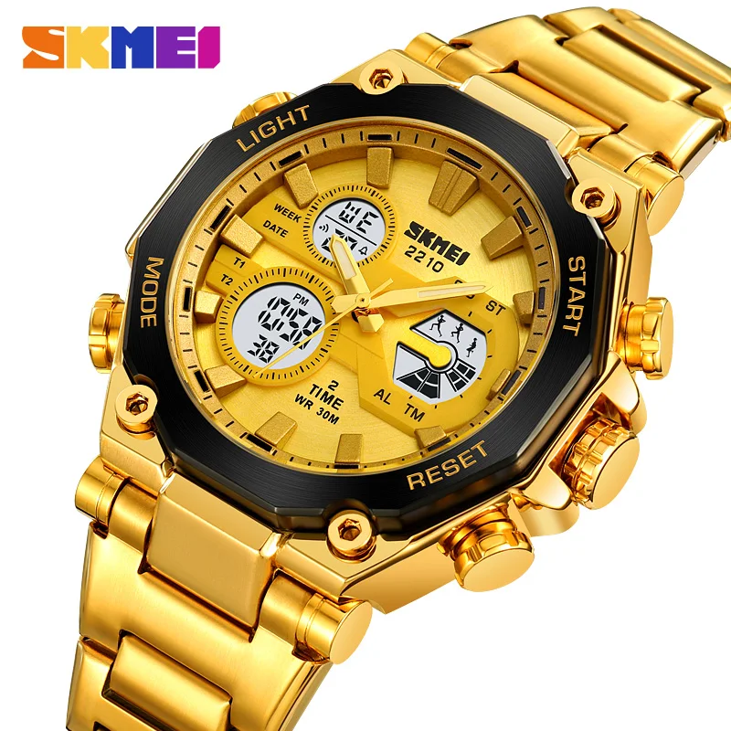 SKMEI Stainless Steel Sport Fashion Watch Mens 2 Time Chrono Casual 3Bar Waterproof Digital Wristwatches Male Alarm Reloj Hombre