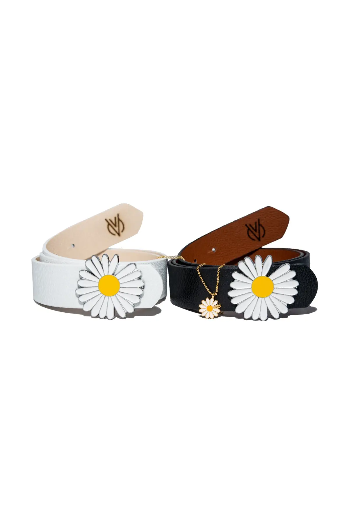 Women's White Black Daisy Buckled Belt And Daisy Necklace Female, Trend Model Belt Black White Custom Design Belt Strap