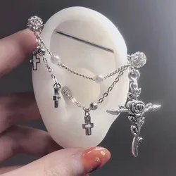 1PC Industrial Scaffold Barbell Ear Piercing Bar Surgical Steel with Chain Cross Pearl  Piercing Body Jewelry for Women 14g 16g