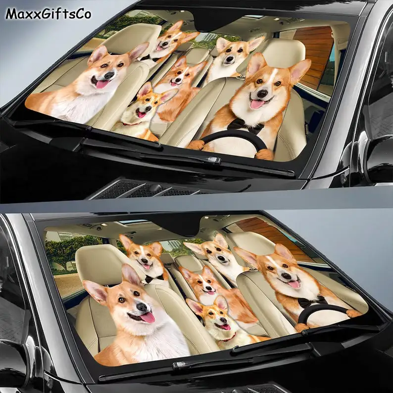 Corgi Car Sun Shade, Windshield Corgi, Dogs Family Sunshade, Dogs Car Accessories, Corgi Lovers Gift, Car Decoration, Gift for D