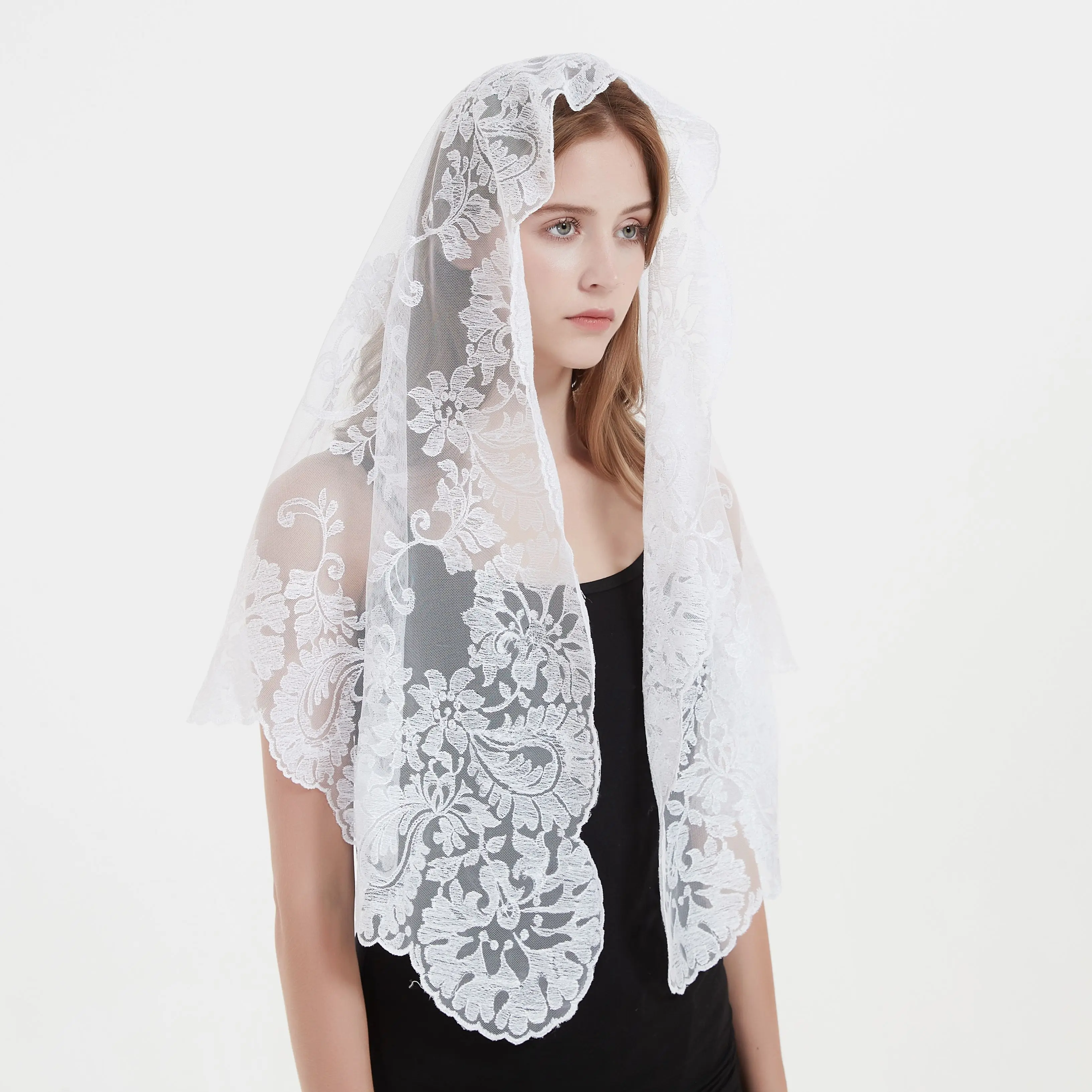 Large Size Half Moon Embroidery Women\'s Veil Head Covering Chapel Shawl Lace Mantilla