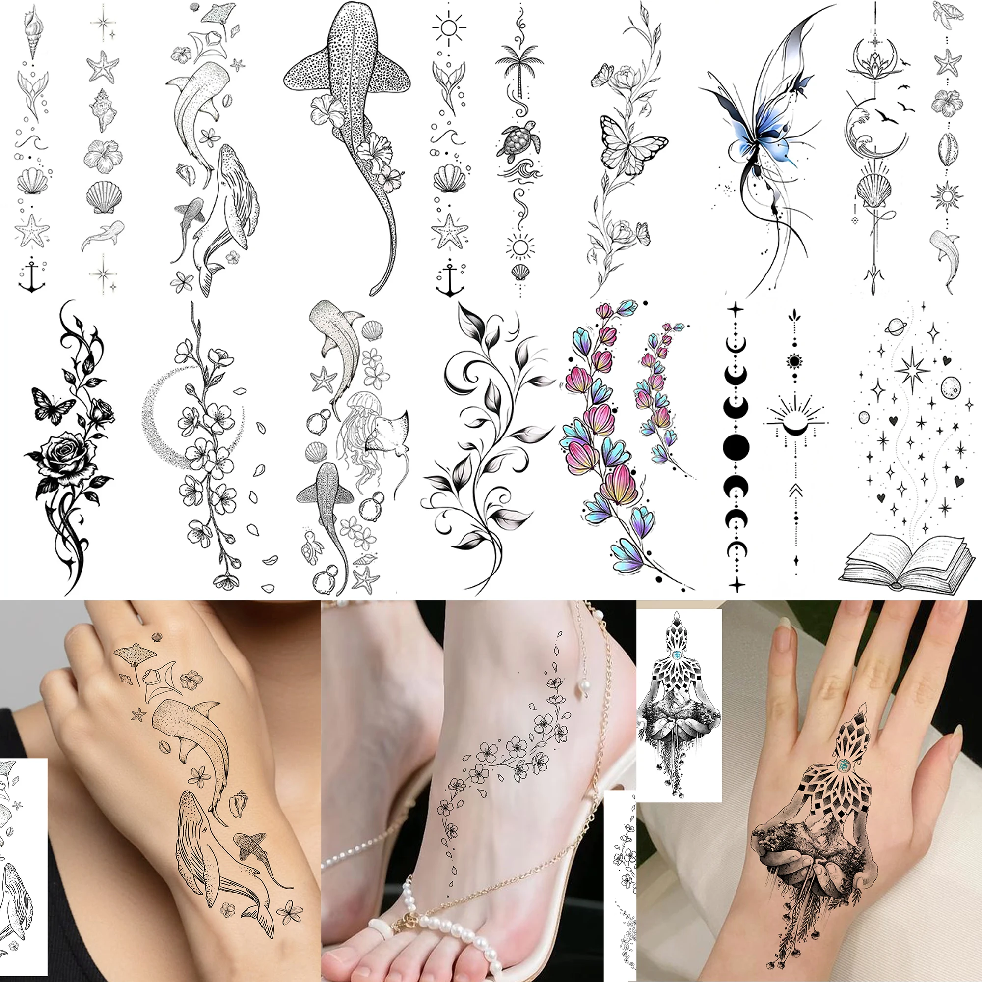 1 Sheet Ocean Whale Shark Leaf Flower Temporary Tattoo For Women Forearm Ankle, Waterproof Durable Realistic Fake Tattoo Sticker