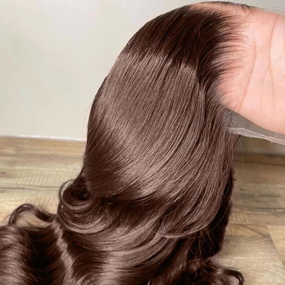 Peluca de cabello humano vietnamita virgen con frontal de encaje 13x4, color marrón chocolate transparente, Body Wave, #4 marrón, densidad 220%, frontal de encaje HD 13x6, color marrón chocolate, Body Wave 13x4 con frontal HD 4