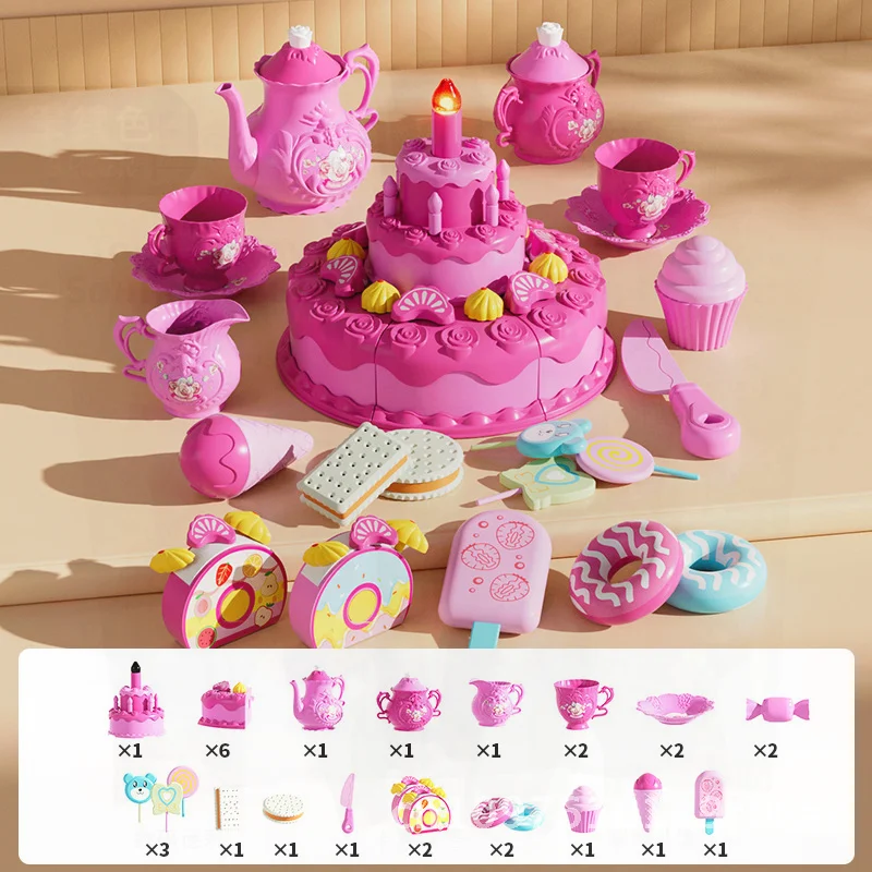 Girls Cake Cutting Music Light Simulation Tea Set Toy 3-Layer Dessert Playhouse Candle Afternoon Tea Play Kitchen Simulation