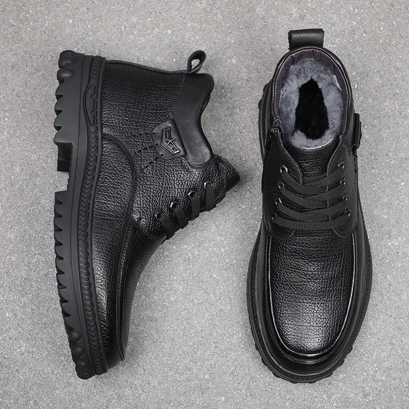 

Warm Cotton oes for Men Winter Casual Leather Woolen Lined Slip-On Loers Large Size round Toe Anti-Slip Faionable