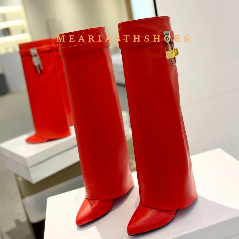 قفل معدني مطوية امرأة حذاء بكعب ويدج حزام جلد أسود الارتفاع زيادة حذاء برقبة للركبة أشار تو الشتاء أحذية طويلة حجم 44 #4