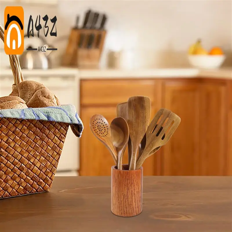 

A43Z-9 PCS Wooden Spoons For Cooking, Wooden Utensils For Cooking With Utensils Holder, Teak Wooden Kitchen Utensils Set