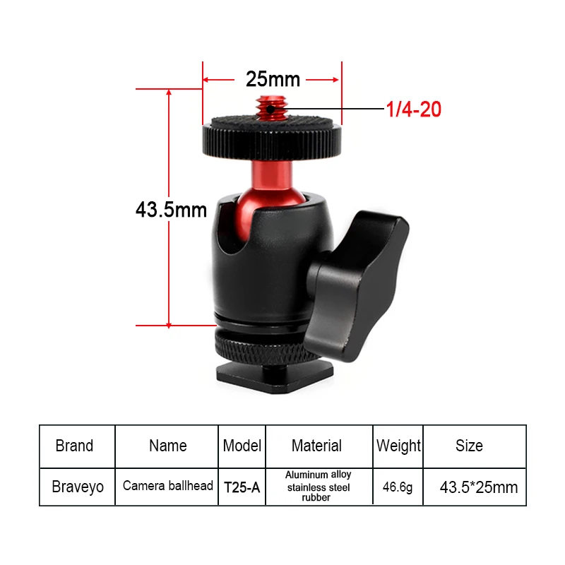 1/4-20 Hot Shoe Ball Head for Camera Hot Shoe Mobile Phone Holder Photography Fill Light Bracket 360 ° Rotating Tripod Ballhead