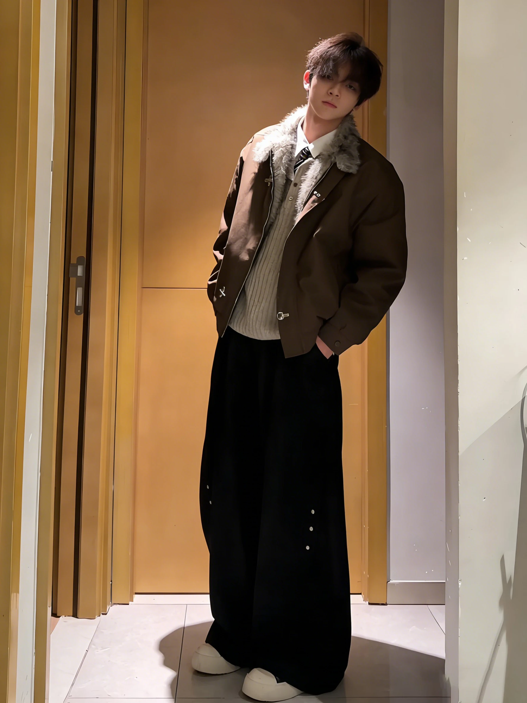 

American Sle Thiened Winter Cotton Jaet Men's Fce Lined Coat with Fur Collar Zipper Closure Workwear Jaet