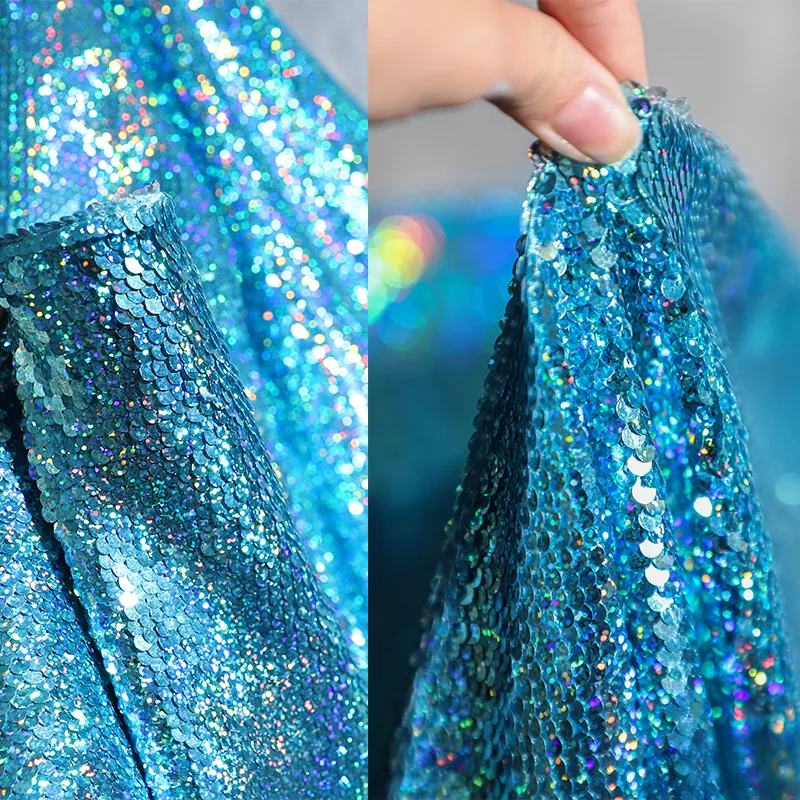 

Crystal Blue Double-sided Dual Color Metallic Texture Small Fish Scale Sequin Fabric High-end Clothing Designer Fabric