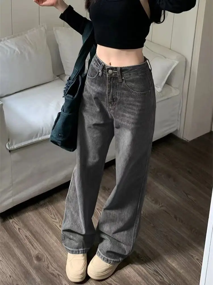 هوتشو خمر الجينز الجرونج Y2k 90s مستقيم واسعة الساق سراويل جينز عالية الخصر الإناث غسلها فضفاض الدنيم السراويل الشارع الشهير