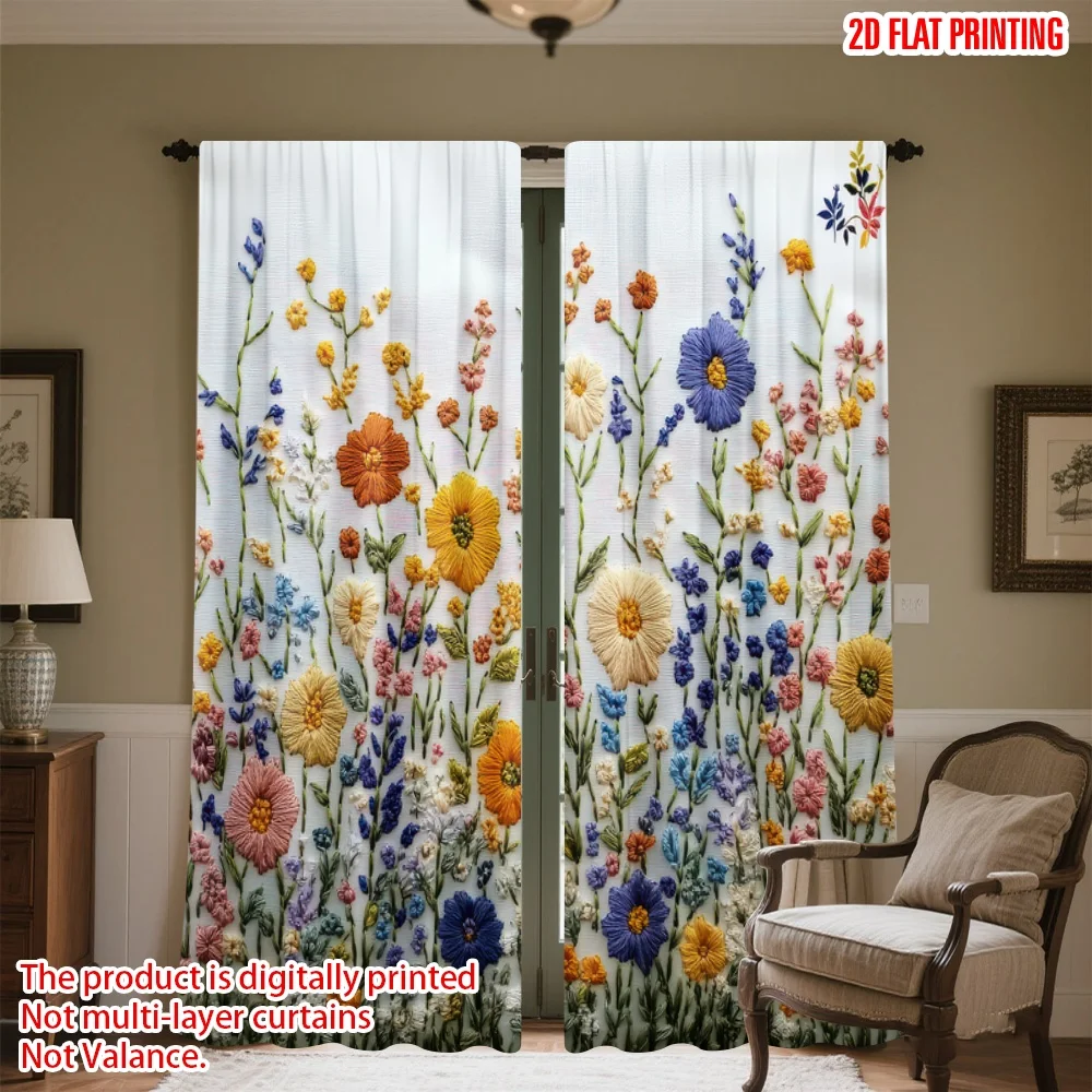 

2D flat printing 2pcs Window Curtains Colorful Embroidered Flowers Digital Printed Polyester Drapes Festive Curtains Use for