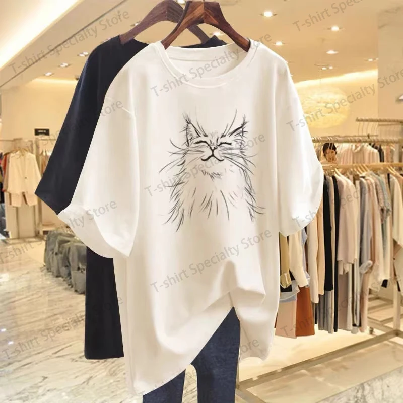 Damen Mode Katzen-Animal-Print T-Shirt Sommer Baumwolle O-Ausschnitt Kurzarm Basic Top Tee Büro-Dame Lässiger Loser Pullover S-3XL – Detail 6