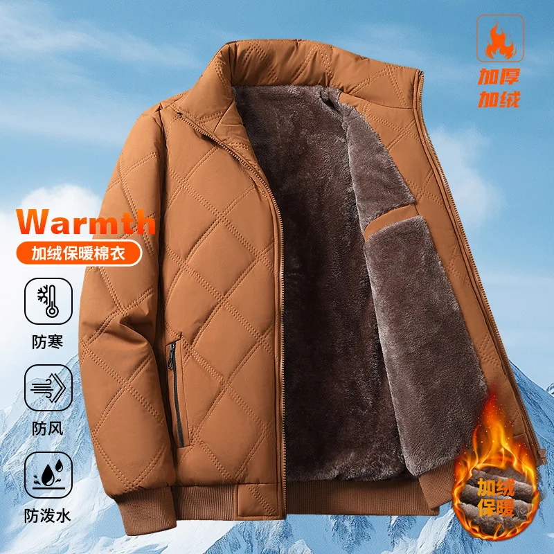 

2025 new style winter and autumn stand-up collar warm checked cotton coat, men's casual coat, men's large-sized cotton clothing