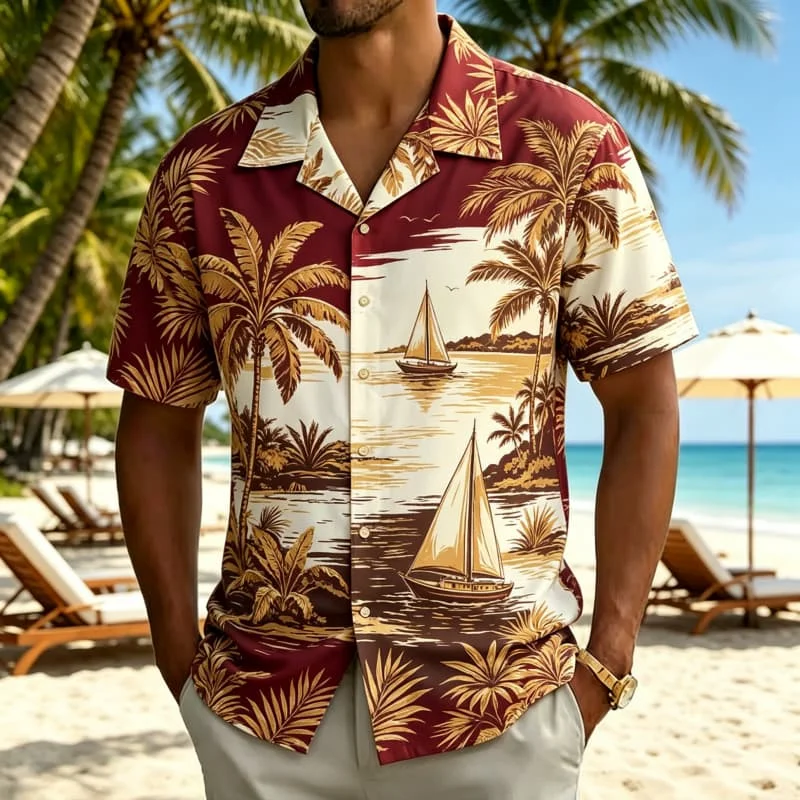 Men's retro tropical island themed printed Hawaiian shirt, suitable for pool parties, summer travel, and daily dressing