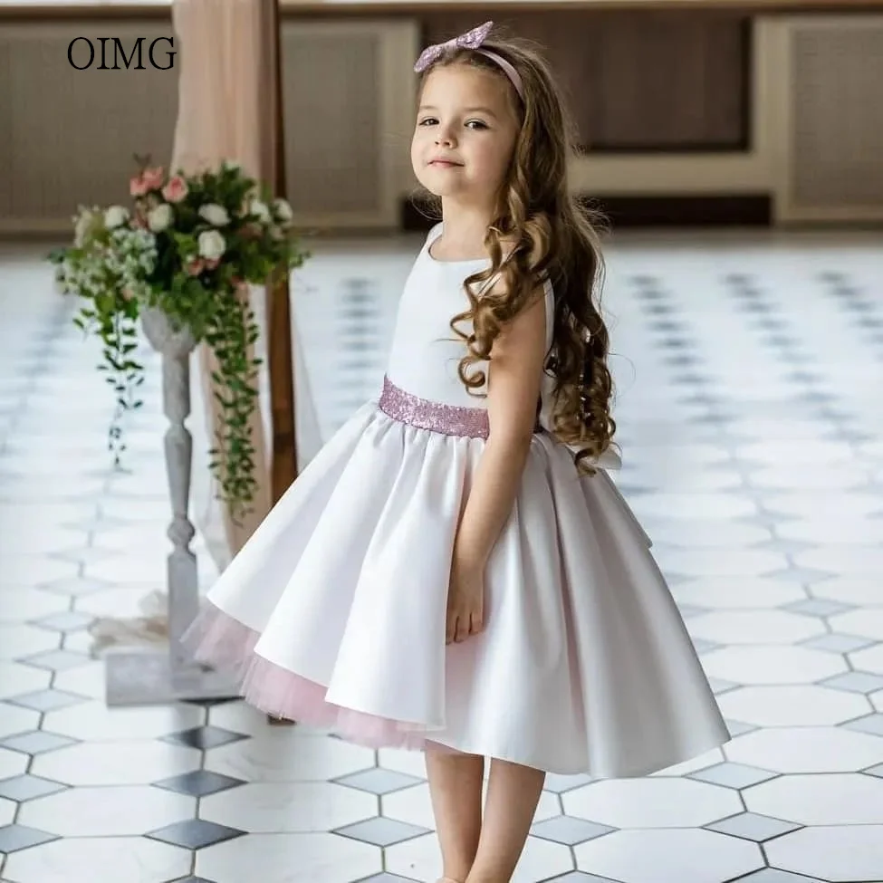 OIMG Lovely A Line Flower Girl Dresses O Neck Shiny Belt With Bow Gown Wedding Party Dress Princess Birthday Dress Customized