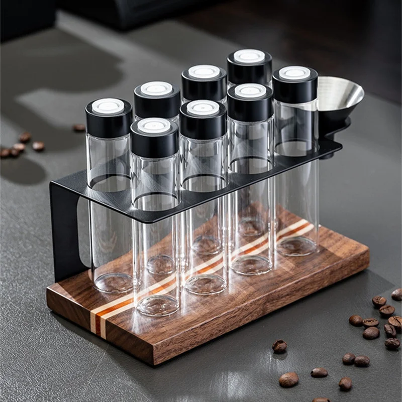 Coffee Beans Storage Containers with One‑way Exhaust Valve 8-Tubes Sealed Glass,Wood Holder and Metal Funnel Barista Accessories