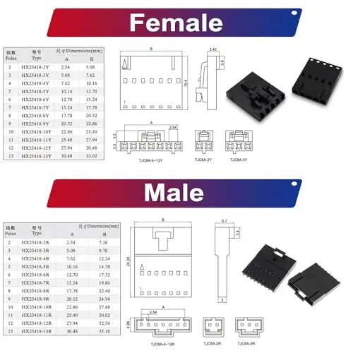 Conector Dupont com trava, Kit Conector macho e fêmea, única fileira, 2 pinos, 3 pinos, 4 pinos, 5 pinos, 6 pinos, 7 pinos, 8 pinos, 9 pinos, 10 pinos, 2,5 milímetros