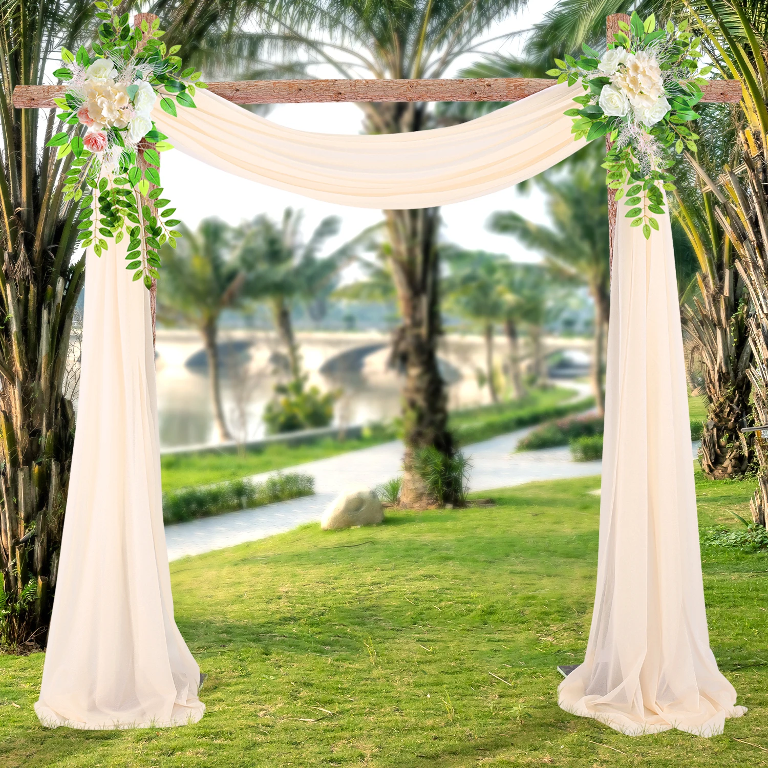 Artificial Wedding Arch Flowers Kit 2pcs Ivory Greenery Arbor Floral Arrangement w/1pc Semi-Sheer Swag for Ceremony Decoration