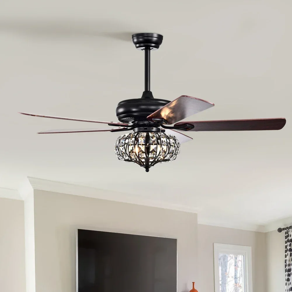 

52'' Crystal Shade Ceiling Fan Lamp with Remote Control 3 Speed,5 Reversible Blades for Living Room, Dining Room,Bedroom