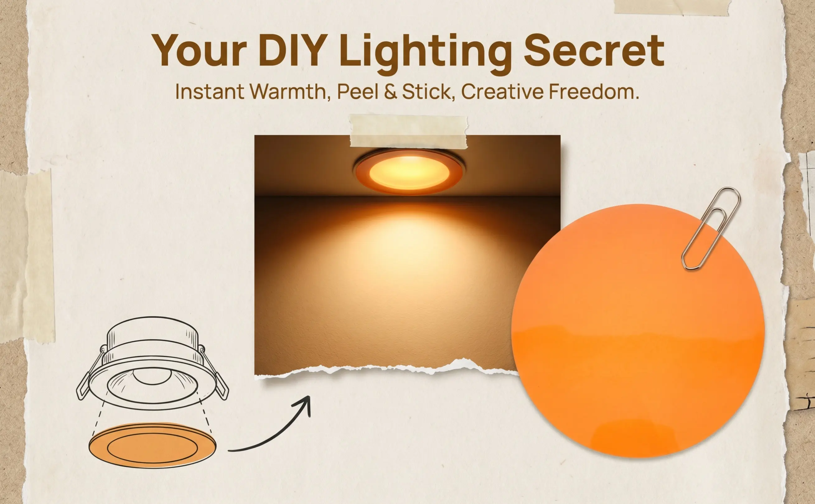 5Pcs Warm Light Film Colored Transparent Round Overlays 15Cm Orange Adhesive Lighting Sheets for Bulbs Spotlight Floodlight Home
