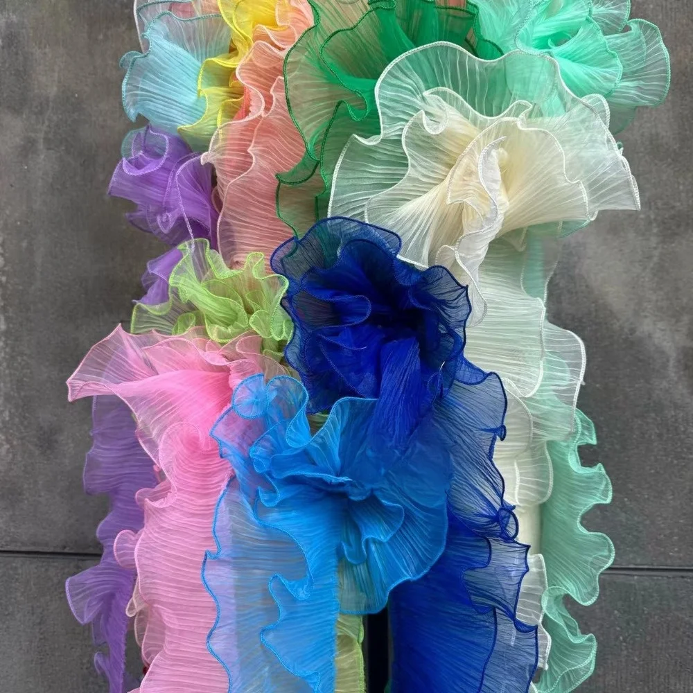 1 Yard Pleated Fabric Ruffle Pleated Double Layered Pleated Lace Magic Color Pearl Three-Dimensional Mermaid Lace Dance Dress