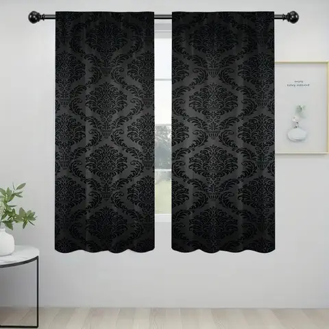 लिविंग रूम की सजावट के लिए लग्जरी ब्लैक डैमस्क विंडो कर्टेन, हैवी ड्यूटी रॉड पॉकेट पैनल ड्रेप्स पेयर सेट होम डेकोर (2 पैनल) 8 best sales काले पर्दे - №7
