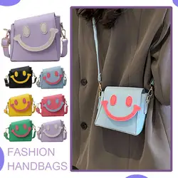 Women Mini Crossbody Bag PU Leather Smile Face Coin Purse Contrast Color Fashion Satchel Bag Girls Outdoor Bag