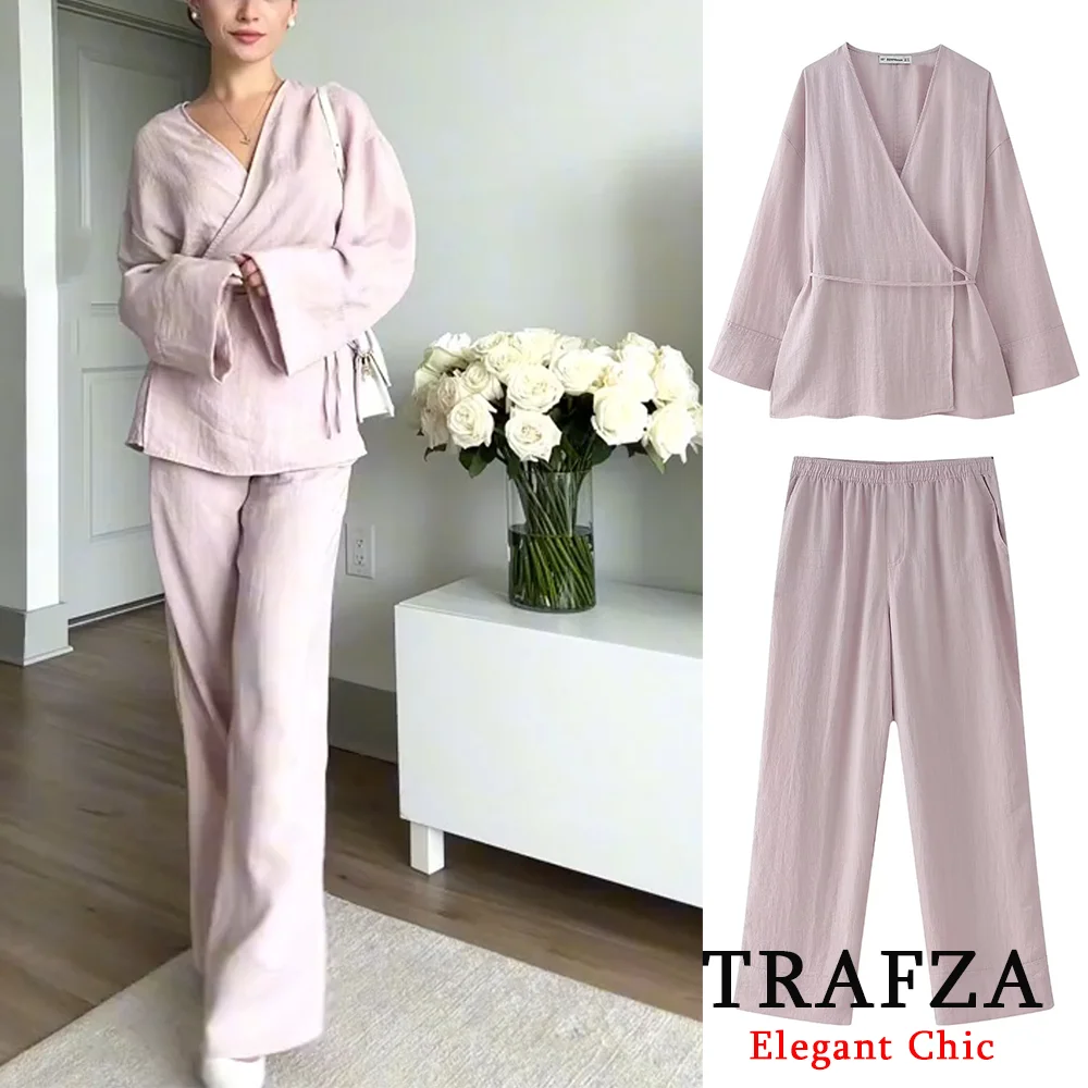 TRAFZA Women\'s 2-piece Retro Textured Double-breasted Kimono Style Coat + Elastic Waist Pockets And Pajama Style Loose Trousers