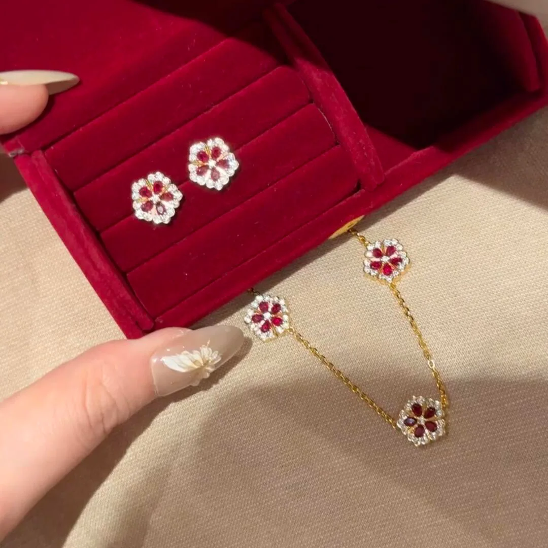 Pendientes de plata de ley S925 con diseño de peonía roja, de lujo, con corindón rojo, pendientes de flor de peonía.